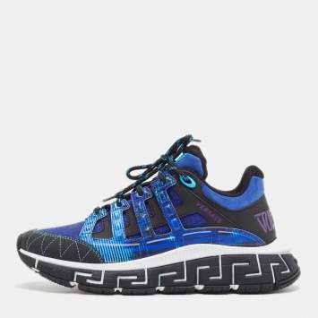 Pre Owned Versace Blue/Black Leather and Fabric Trigreca Sneakers Size 40.5