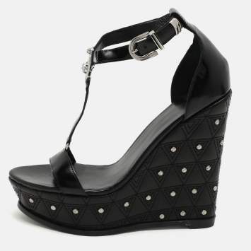 Pre Owned Versace Black Leather Medusa Embellished Platform Wedge Sandals Size 40