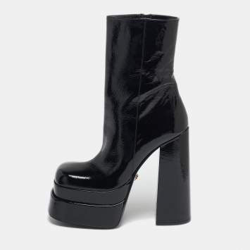 Pre Owned Versace Black Patent Leather Aevitas Double Platform Boots Size 40