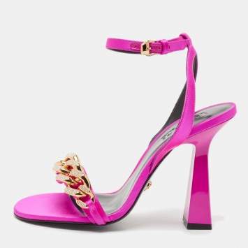 Pre Owned Versace Pink Satin Medusa Chain Ankle Strap Sandals Size 40