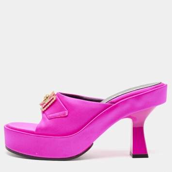 Pre Owned Versace Fuchsia Satin Medusa Biggie Mules Size 38
