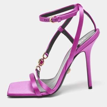 Pre Owned Versace Pink Satin Crystal Embellished Ankle Strap Sandals Size 39