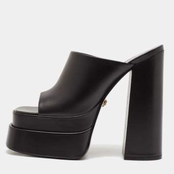 Pre Owned Versace Black Leather Platform Mules Size 41
