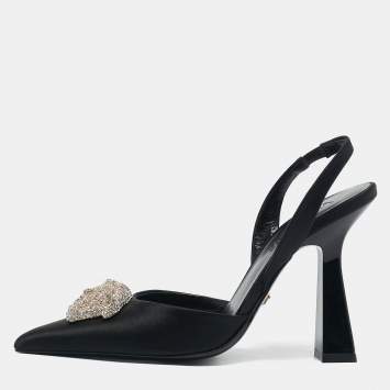 Pre Owned Versace Black Satin Crystal Embellished La Medusa Slingback Pumps Size 35.5