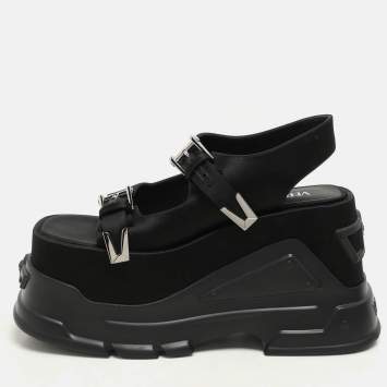 Pre Owned Versace Black Satin Medusa Anthem Platform Slingback Sandals Size 39