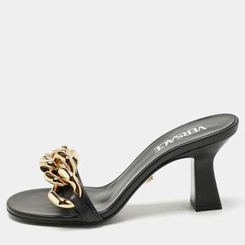 Pre Owned Versace Black Leather Medusa Chain Slide Sandals Size 36