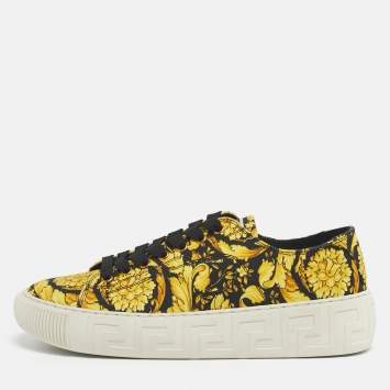 Pre Owned Versace Yellow/Black Barocco Print Canvas Greca Sneakers Size 40