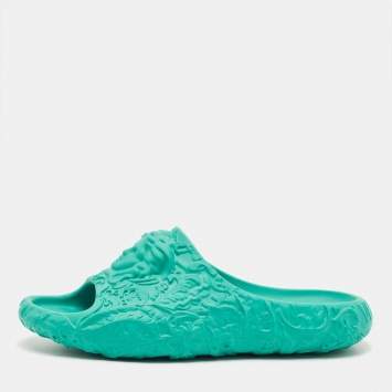 Pre Owned Versace Blue Rubber Medusa Embossed Pool Slides Size 39