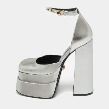 Pre Owned Versace Metallic Silver Lurex Fabric Medusa Aevitas Double Platform Pumps Size 36