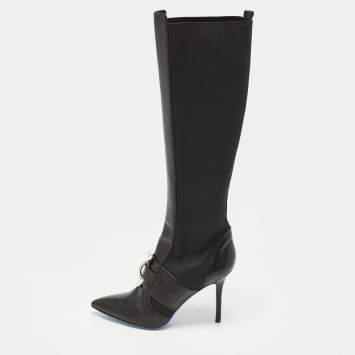 Pre Owned Versace Size 38 Black Leather and Stretch Fabric Knee Length Boots