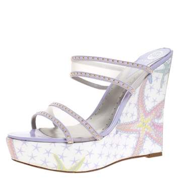 مملوكة مسبقًا Versace Lilac Mesh And Suede Studded Trim Wedge Platform Sandals Size 40