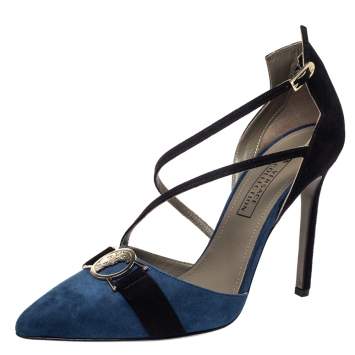 Pre Owned  Versace  Blue/Black Suede Leather Medusa Strappy Pointed Toe Pumps Size 38