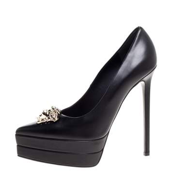 Pre Owned Versace Black Leather Medusa Platform Pointed Toe Pumps Size 38