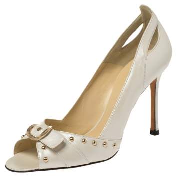 Pre Owned Versace White Leather Studded Buckle Detail Open Toe Pumps Size 41