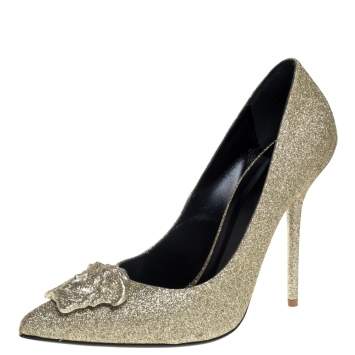 Pre Owned Versace Gold Glitter Fabric Medusa Pointed Toe Pumps Size 40