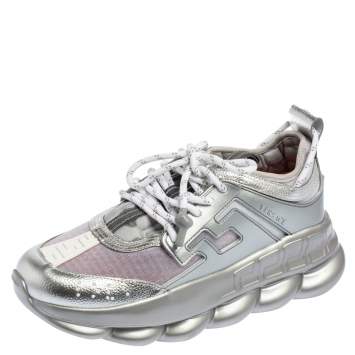 Pre Owned Versace Metallic Grey Mesh, Patent and Leather Chain Reaction Sneakers Size 41