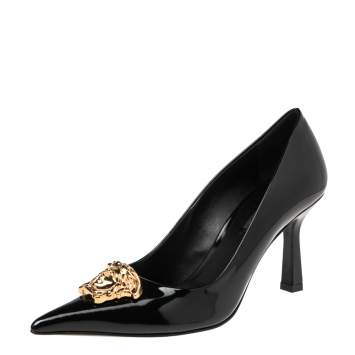 Pre Owned Versace Black Patent Leather Medusa Decollete Pointed Toe Pumps Size 37.5
