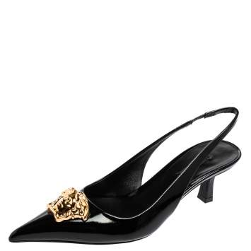 Pre Owned Versace Black Patent Leather Palazzo Medusa Slingback Pumps Size 39