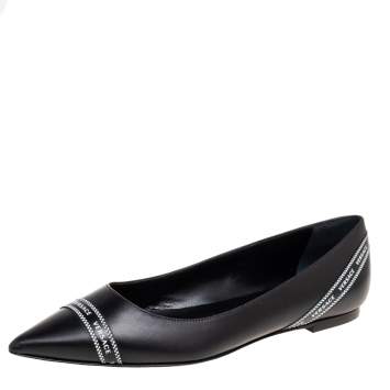 Pre Owned Versace Black Leather Logo Tape Detail Pointed-Toe Ballet Flats Size 41