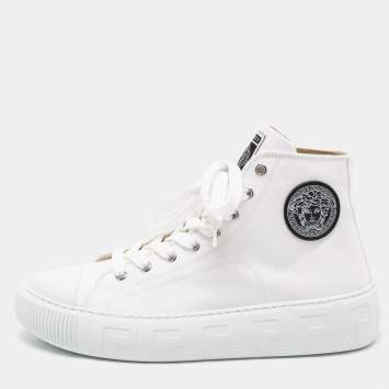 Pre Owned Versace White Canvas Greca Medusa Logo Patch High Top Sneakers Size 39