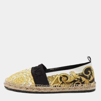 Pre Owned Versace Yellow/White  Baroccoo Print Espadrille Flats Size 38