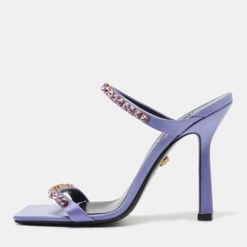 Pre Owned Versace Purple Satin Crystal Embellished Square Toe Slide Sandals Size 40