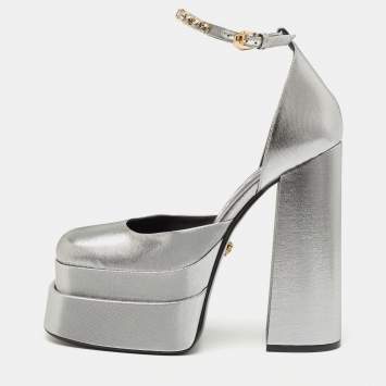 Pre Owned Versace Silver Leather Medusa Aevitas Double Platform Pumps Size 39