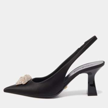 Pre Owned Versace Black Satin Crystal La Medusa Slingback Pumps Size 37