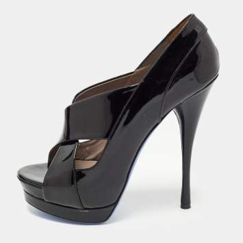Pre Owned Versace Black Patent Leather Open Toe Platform Pumps Size 38.5