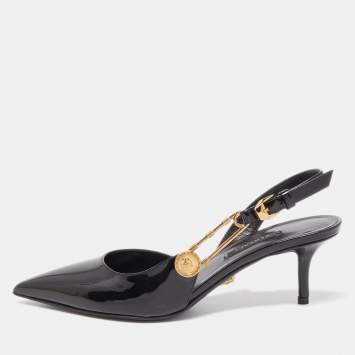 Pre Owned Versace Black Patent Leather Safety Pin Medusa Slingback Pumps Size 36