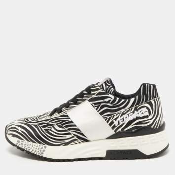 Pre Owned Versace White/Black Zebra Print Leather and Fabric Achilles Sneakers Size 37.5