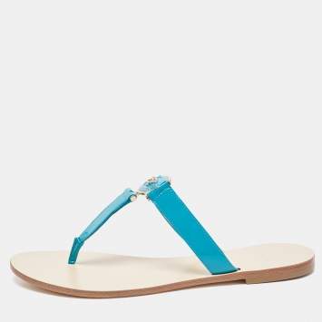 Pre Owned Versace Blue Patent Leather Medusa Thong Flats Sandals Size 38