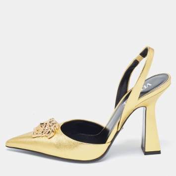 Pre Owned Versace Gold Foil Leather Medusa Pointed Toe Slingback Pumps Size 38