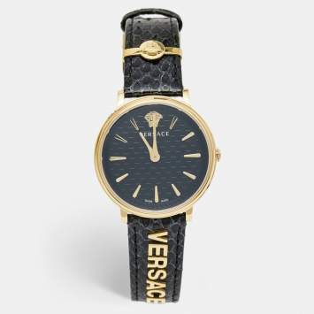 Pre Owned Versace Black Gold Plated Stainless Steel Leather V Circle VE8101022 Men's Wristwatch 38 mm
