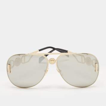 Pre Owned Versace Gold Tone/Grey Mirrored MOD. 2255 Palazzo Aviator Sunglasses