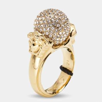 Pre Owned Versace Medusa Crystal Gold Tone Ring Size 60