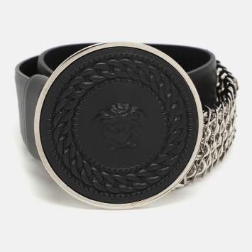 Pre Owned Versace Black Leather Chain Belt 80CM