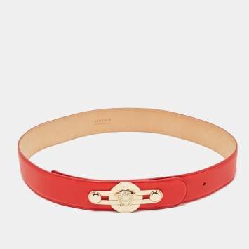 Pre Owned Versace Red Leather Medusa Buckle Belt 85 CM