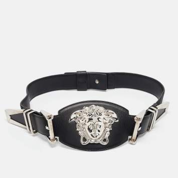 Pre Owned Versace Black Leather and Canvas Medusa Buckle Wide Belt 85CM