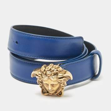 Pre Owned Versace Blue Leather Medusa Head Buckle Belt