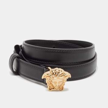 Pre Owned Versace Black Leather La Medusa Slim Buckle Belt 90CM