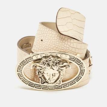Versace Beige Croc Embossed Leather Medusa Chain Waist Belt 80CM
