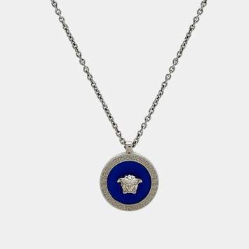 Pre Owned Versace  Medusa Blue Composite Silver Tone  Necklace