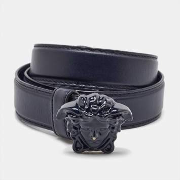 Versace Navy Blue Leather Medusa Buckle Belt 80CM