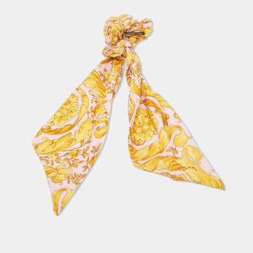 Versace Pink Barocco Print Silk Scrunchie