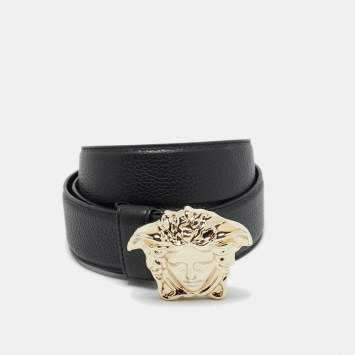 Pre Owned Versace Black Leather La Medusa Buckle Belt 90 CM
