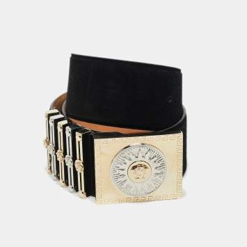 Pre Owned Versace Black Suede Medusa Square Buckle Belt 75 CM