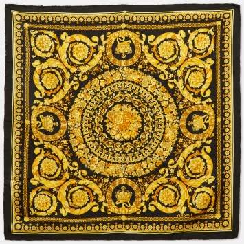 Pre Owned Versace Black/Gold Baroque Print Silk Square Scarf
