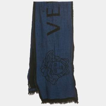 Pre Owned Versace Blue/Black Logo Jacquard Wool Stole 