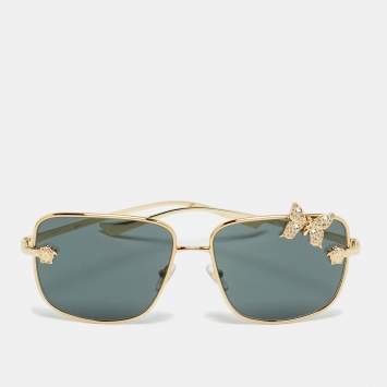 Pre Owned Versace Black/Gold Tone MOD 2282 Medusa Butterfly Crystal Square Sunglasses